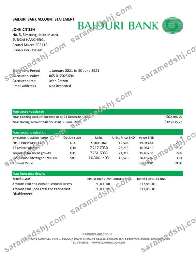 Brunei Baiduri bank statement easy to fill template in Excel and PDF format (AutoSum)